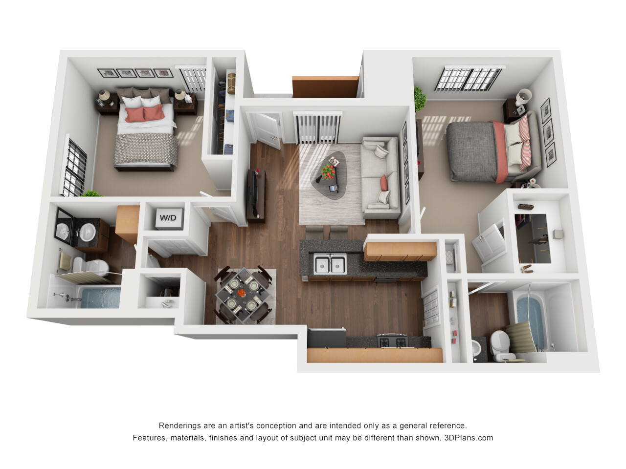 Floor plan for 2 beds, 2 baths, 850 sqft